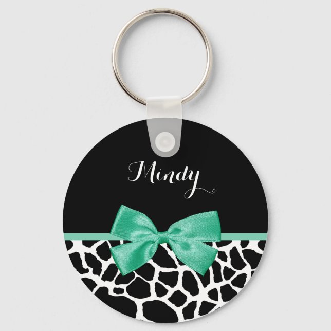 Llavero Bonito Giraffe Imprimir Mint Green Bow Con Nombre (Anverso)