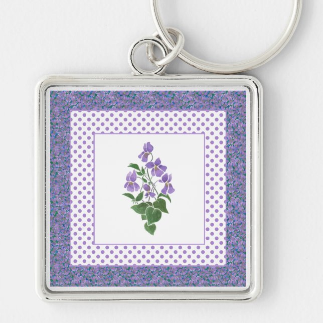 Llavero Bonito Mauve Violets Floral y Polka Dot Keychain (Frente)