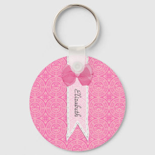 Llavero Bonito Medallero Rosa Damask Cute Bow Con Nombre