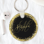 Llavero Bonito Purpurina dorado Monograma Nombre Glam negr<br><div class="desc">Personalice fácilmente este purpurina de oro de lujo enmarcado con su nombre personalizado y su monograma.</div>