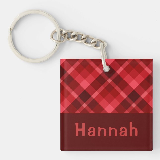 Llavero Bonito Ruby Red Plaid Monogram Square Keychain (Frente)