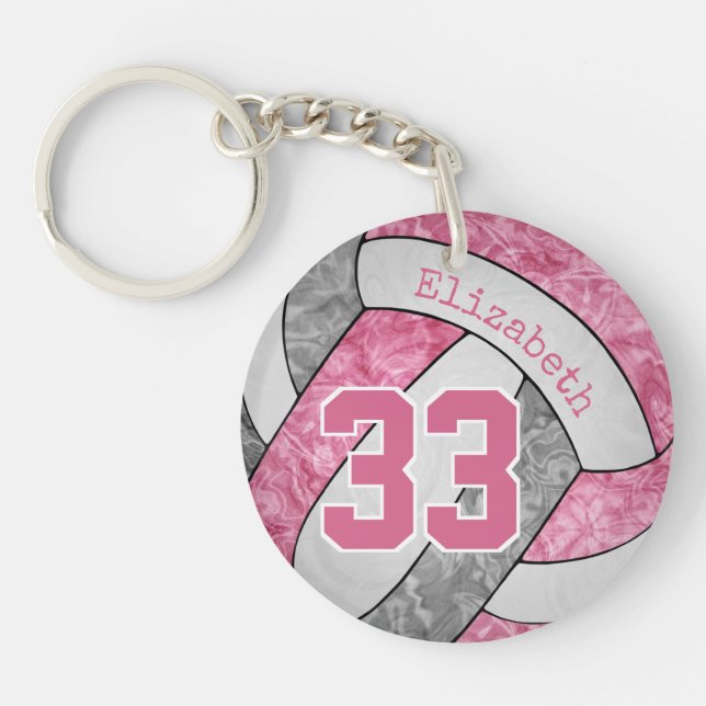 Llavero bonito voleibol personalizado gris rosado (Frente)