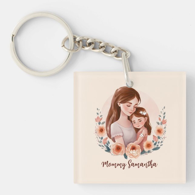 Llavero Bono de mamá y hija adorables - Marco floral (Frente)