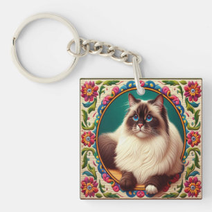 Llavero Borde de flores coloridas de gato birmano decorati
