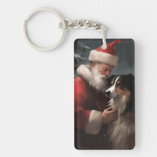 Llavero Border Collie Con Santa Claus Festivo Navidad
