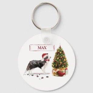 Llavero Border Collie Divertido Perro de Navidad con Árbol