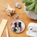 Llavero Border Collie Dog and Bold Pink Lilies<br><div class="desc">This keychain is a great gift or stocking stuffer and features a Border Collie sitting against a backdrop of big,  bold pink lilies in a botanical dog lover image.</div>