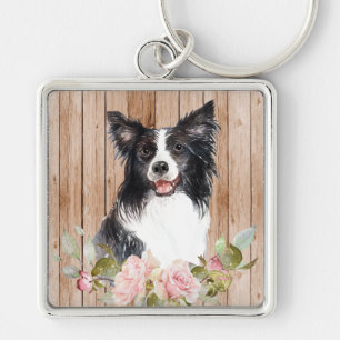 Llavero Border Collie & Flores al aguarela