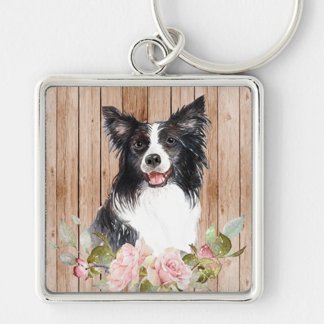 Llavero Border Collie & Flores al aguarela  (Frente)