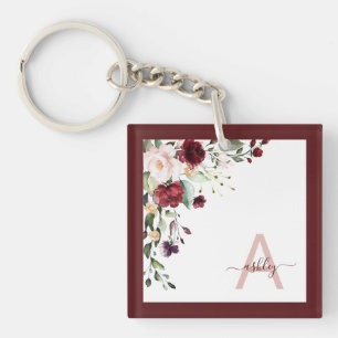 Llavero Borgoña Floral Script Monograma Nombre inicial