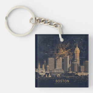 Llavero Boston, Boston Massachusetts City Skyline con mapa