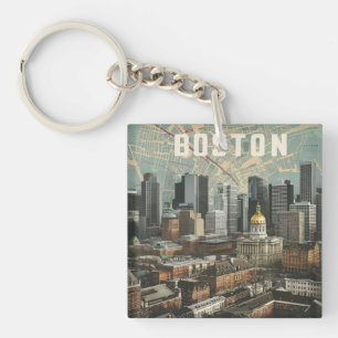 Llavero Boston, Boston Massachusetts City Skyline con mapa