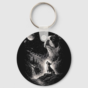 Llavero Boston terrier aullando a la luna noche vintage 90