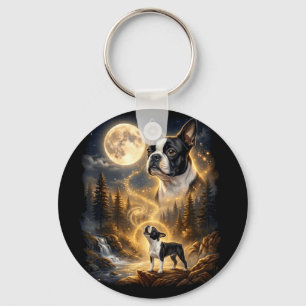 Llavero Boston terrier aullando a la luna retro