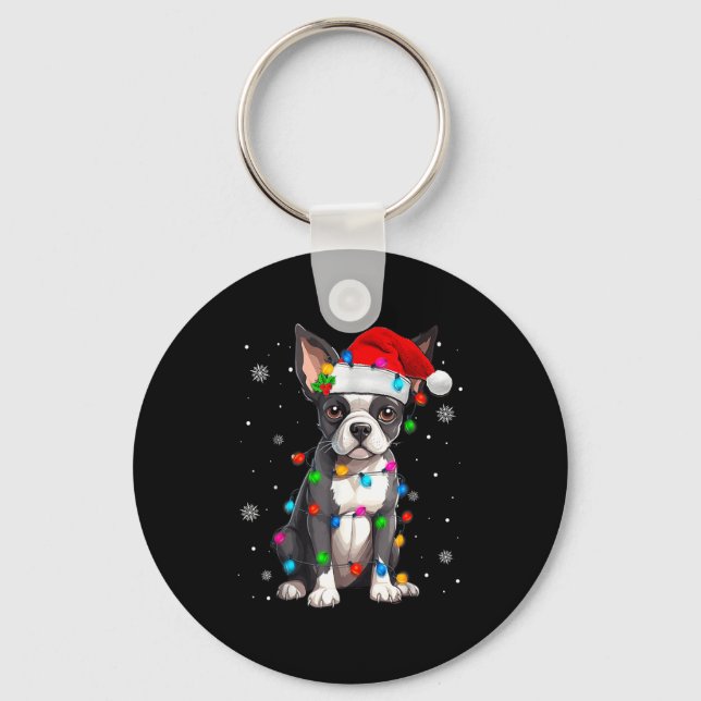 Llavero Boston Terrier Christmas Santa Hat  (Anverso)