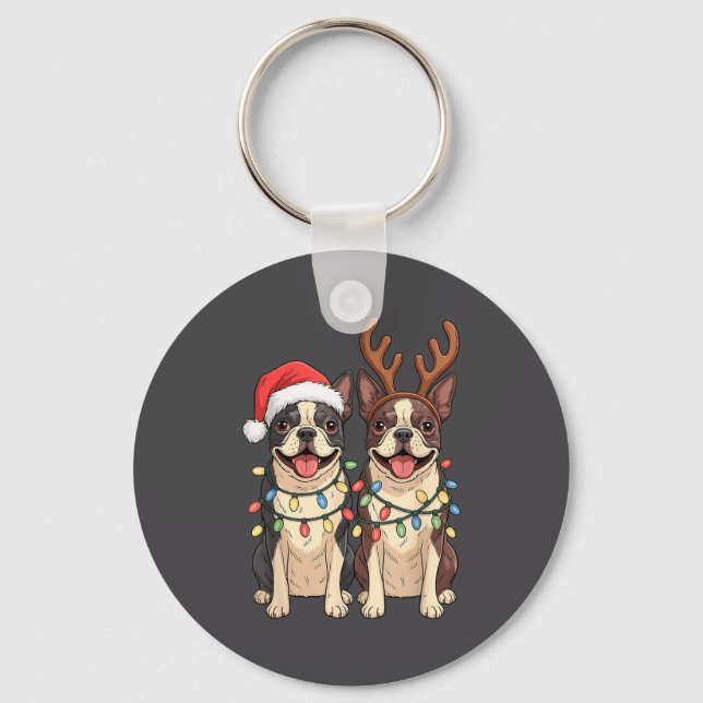 Llavero Boston Terrier Christmas Santa Hat Reindeer Lights (Anverso)