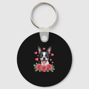 Llavero Boston Terrier con Corazones de Rosas Rojas Camise