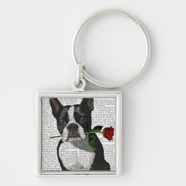 Llavero Boston Terrier con Rosa en boca (Frente)