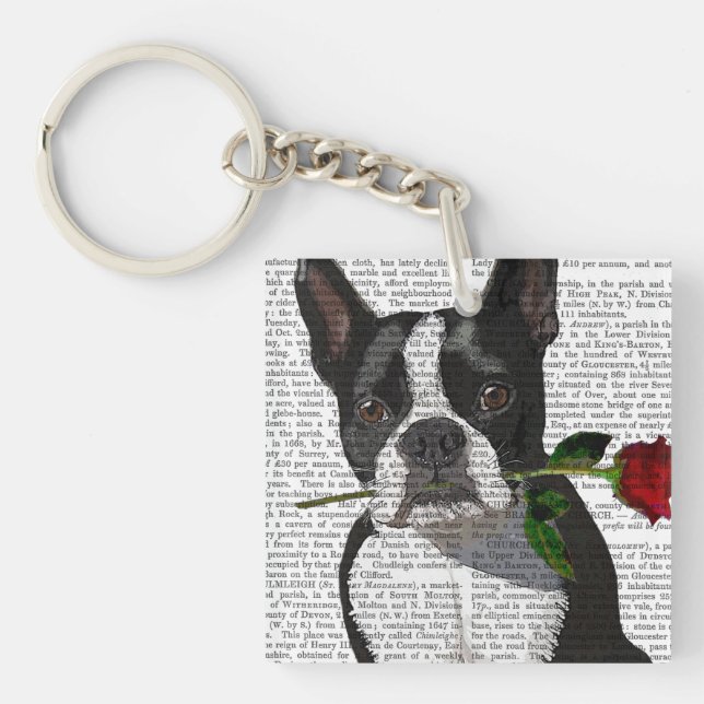 Llavero Boston Terrier con Rosa en boca (Frente)