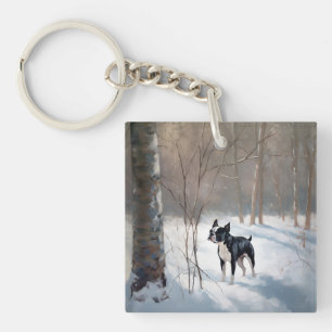 Llavero Boston Terrier Deja que nieve Navidad