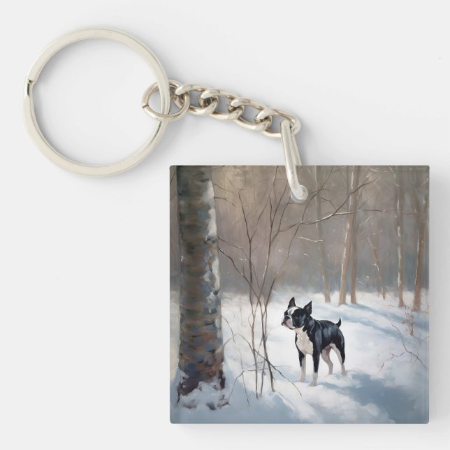 Llavero Boston Terrier Deja que nieve Navidad (Frente)