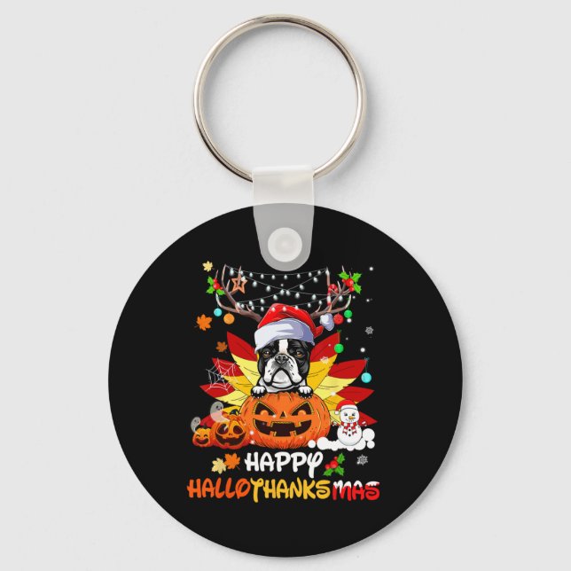Llavero Boston Terrier Dog Halloween And Merry Christmas  (Anverso)