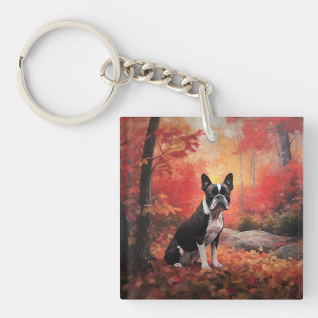 Llavero Boston Terrier en otoño se inspira en la caída (Frente)