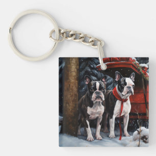 Llavero Boston Terrier Nevado Trineo Decoración de Navidad