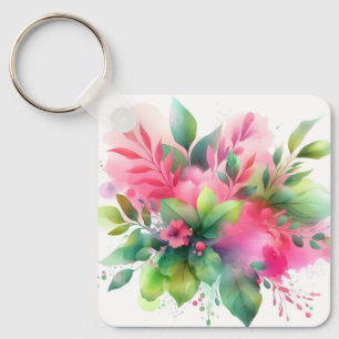 Llavero Botánico Floral Acuarela Rosa Verde