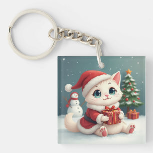 Llavero Botón Gato de Navidades Blancos