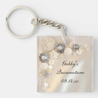 Llavero Botones de Perla Blanca y de Diamante Quinceñera