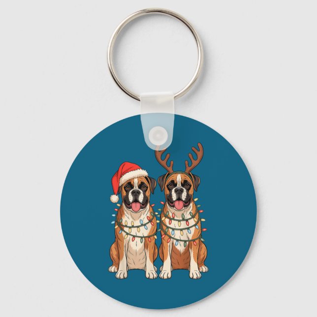 Llavero Boxer Dog Christmas Santa Hat Reindeer Lights Paja (Anverso)
