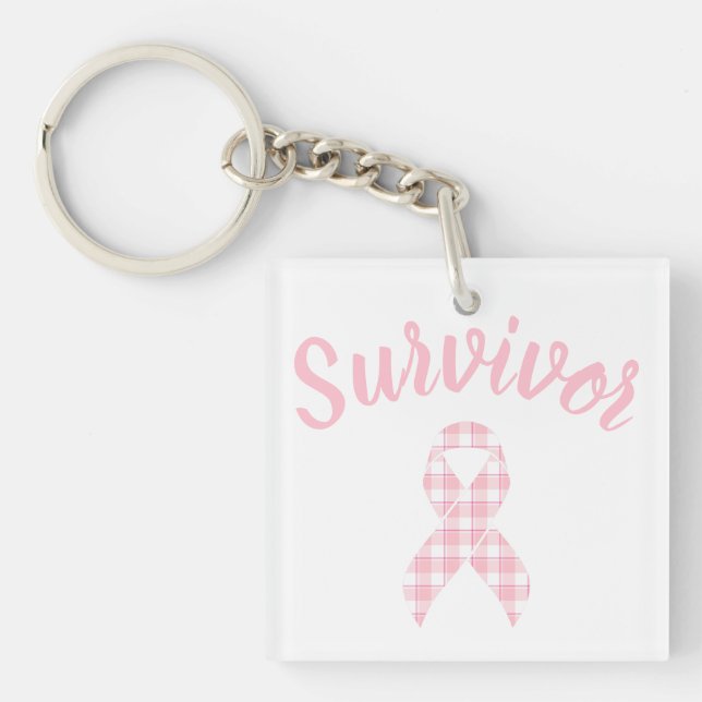 Llavero Breast Cancer Awareness Plaid Pink Ribbon Survivor (Frente)
