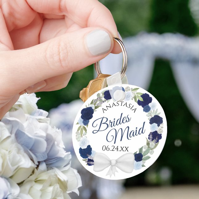 Llavero Bridesmaid Blue Watercolor Floral Wreath Boda (Subido por el creador)