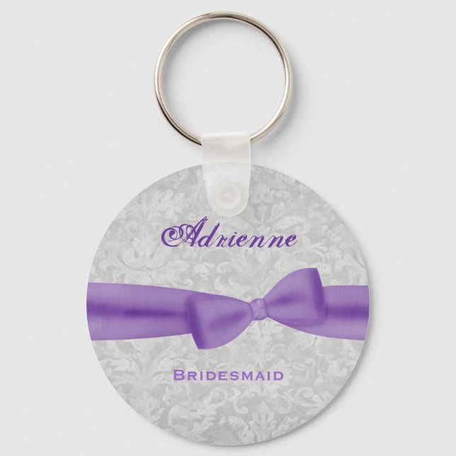 Llavero Bridesmaid Lavender Purple Bow Silver Damask E006 (Anverso)