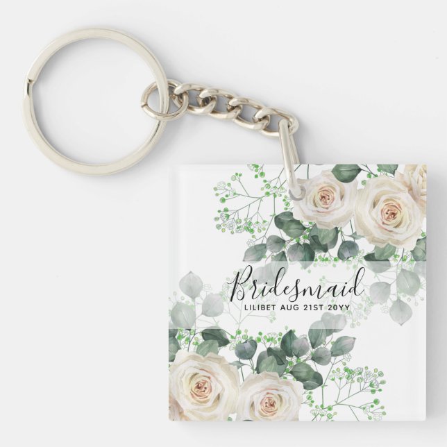 Llavero Bridesmaid Regalos White Roses Tema Personalizado (Frente)