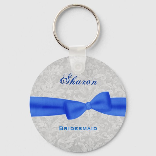 Llavero Bridesmaid Royal Blue Bow Silver Damask E011 (Anverso)
