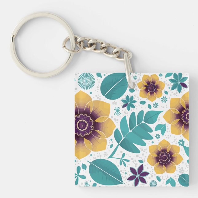 Llavero Bright Yellow and Teal Floral on White Background (Frente)