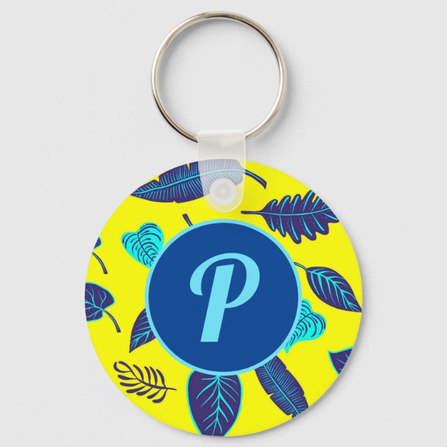 Llavero Bright Yellow Tropical Leaf Pattern Monogram (Anverso)