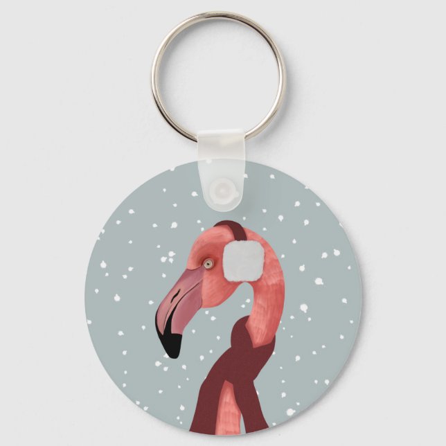 Llavero Brillante Flamingo De Invierno Acogedor Con Scarf (Anverso)