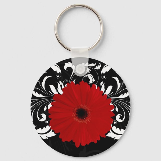 Llavero Brillante Red Gerbera Daisy sobre negro (Anverso)