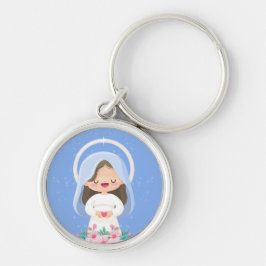 Llavero Brillante Virgen María Kawaii sosteniendo un coraz