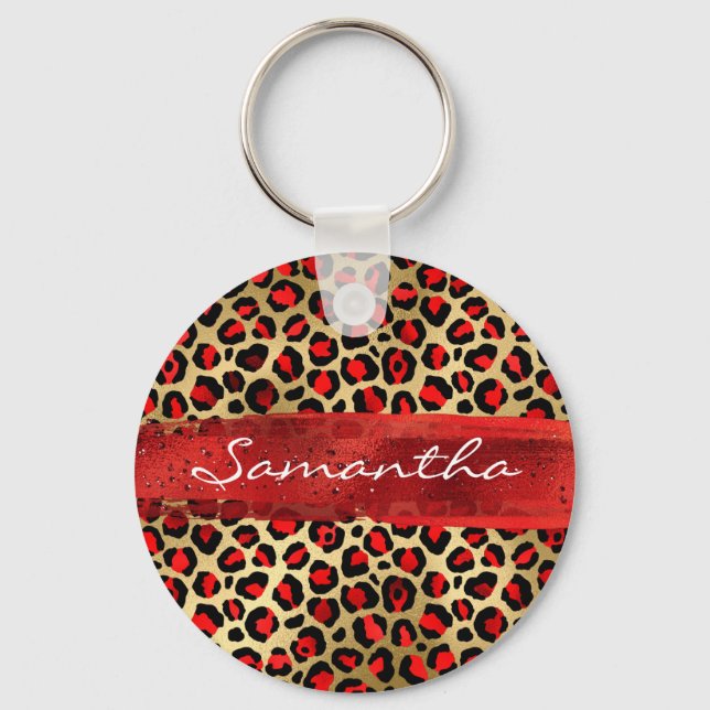 Llavero Brote de pincel de leopardo rojo y Relieve metaliz (Anverso)