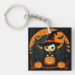 Llavero Bruja Adorable Sosteniendo Calabaza en Halloween E