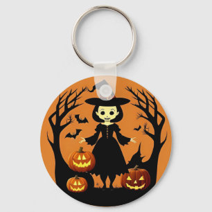 Llavero Bruja de Halloween con calabazas en un entorno esp