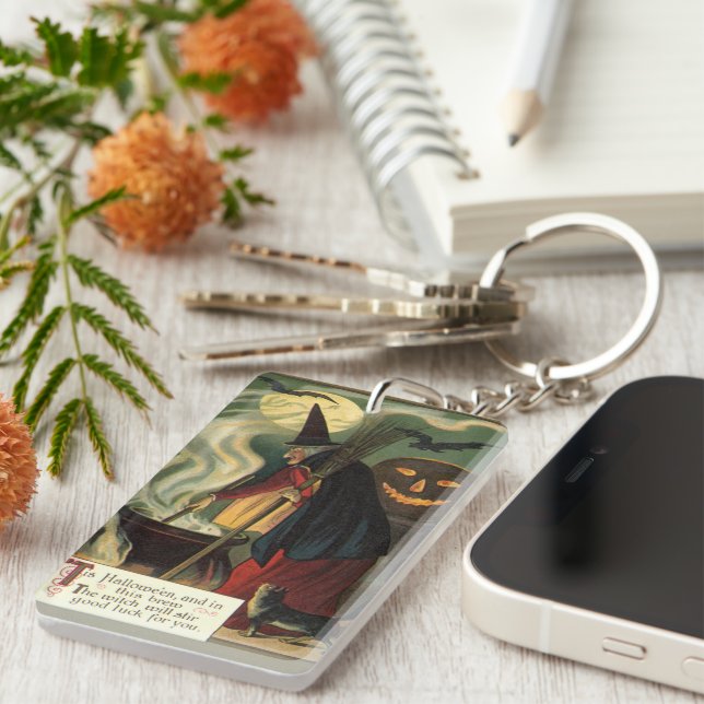 Llavero Bruja de Halloween Vintage revolviendo Caldero Mág (Frente Derecha)