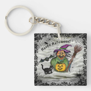 Llavero Bruja, gato, murciélago y calabaza, ¡Feliz Hallowe