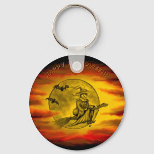 Llavero Bruja voladora con gato negro, noche de halloween