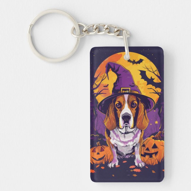 Llavero Bruja Y Calabaza De Halloween Beagle Tocante (Frente)