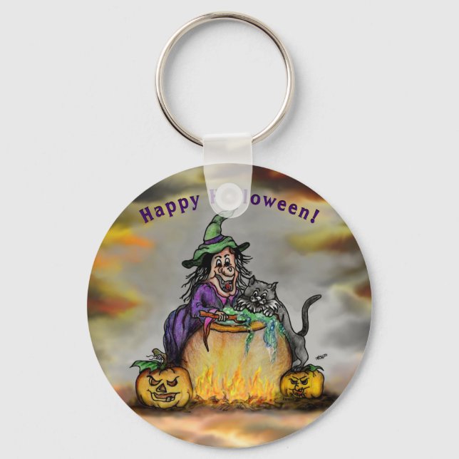 Llavero Bruja y gato negro, ¡Feliz Halloween! (Anverso)